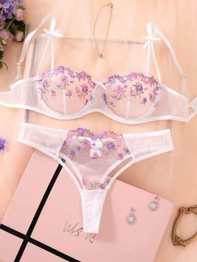 Night Beautiful Sexy Women 2 Piece Floral Embroidery Underwear Sexy Erotic Lingerie Underwear Set